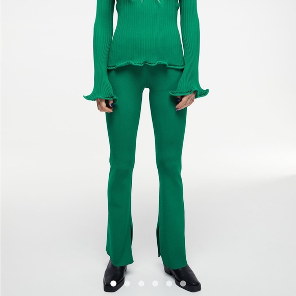 H&M Kelly Green Knit Flared Slit Hem Pull On Legging Pants - Picture 2 of 9
